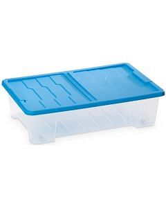Contenitore master box in plastica da 25 lt, coperchio con apertura ali di gabbiano, ruote, cm 57x39xh.15,5, coperchio colore blu